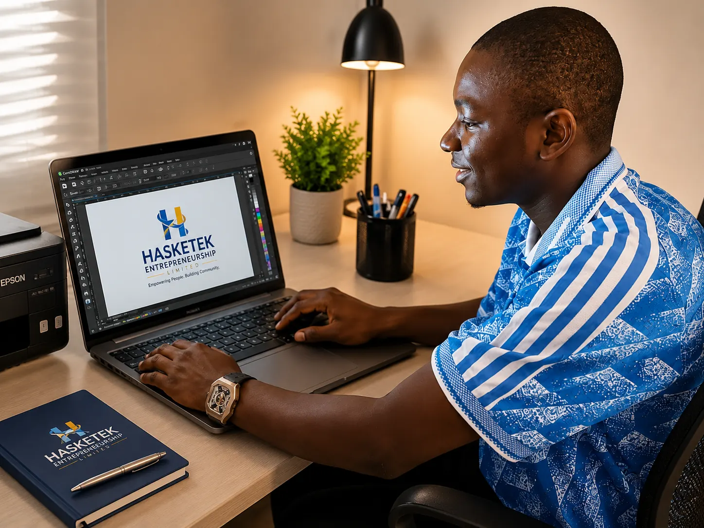 HaskeTek designer creating a brand logo in CorelDRAW